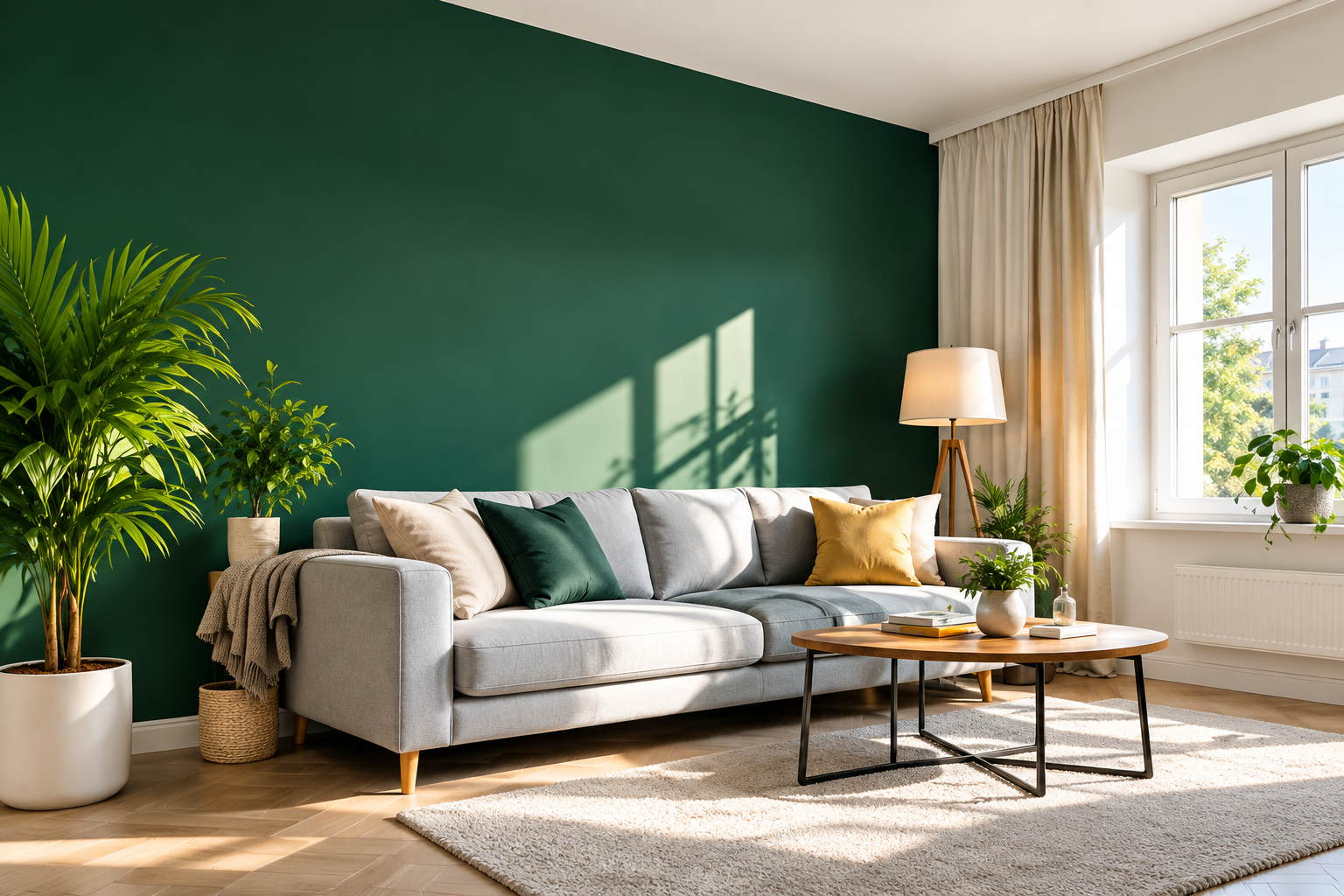 Living modern cu perete verde și finisaje interioare